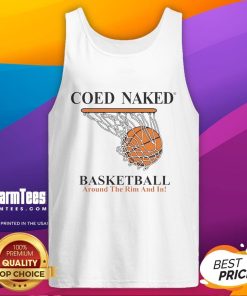 Coed naked basketball game with players in tank tops, showcasing teamwork and fun around the rim and in.