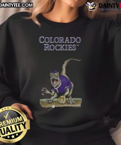 Awesome Colorado Rockies Tiny Turnip Velociraptor Sweatshirt featuring a vibrant design and cozy fit for fans.