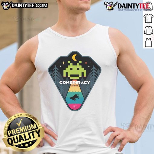 Awesome Conspiracy Dealer Tank Top featuring a bold graphic design, perfect for fans of unique conspiracy-themed apparel.