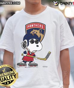 Awesome Florida Panthers Peanuts Snoopy T-Shirt featuring Snoopy in Panthers gear, perfect for fans and collectors.
