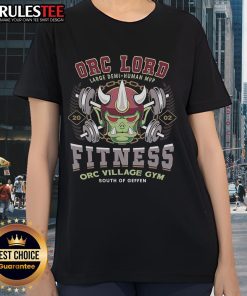 Alt Text: Awesome Geffen Orc Village Fitness Gym Ladies Tee showcasing vibrant design perfect for workout enthusiasts.
