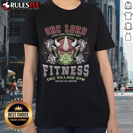 Alt Text: Awesome Geffen Orc Village Fitness Gym Ladies Tee showcasing vibrant design perfect for workout enthusiasts.