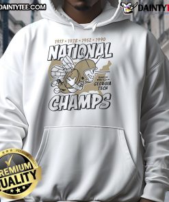 Awesome Georgia Tech Football four-time national champs hoodie in gold and navy blue with logo design.