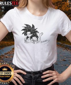 Awesome Goku Super Saiyan 4 graphic on a ladies tee with Akira Toriyama's signature, perfect for Dragon Ball fans.