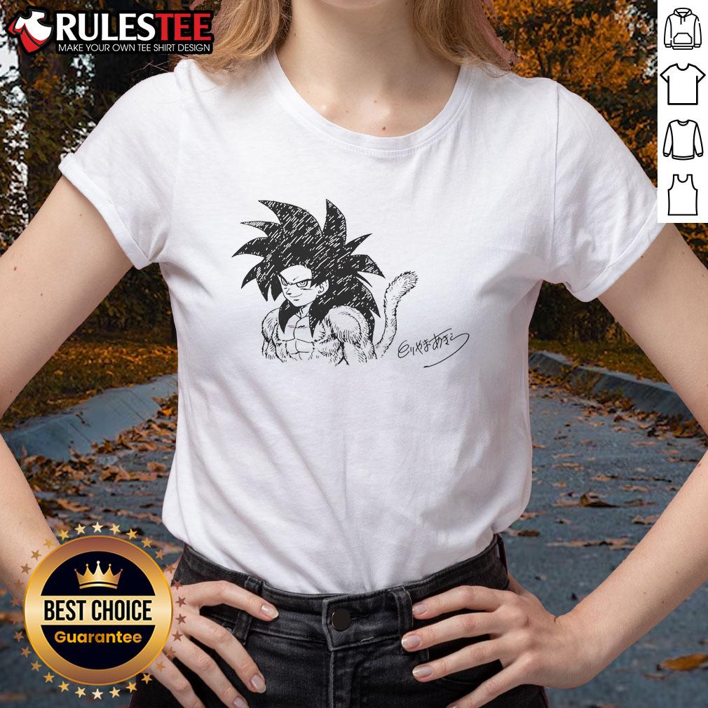 Awesome Goku Super Saiyan 4 Toriyama Akira Signature Ladies Tee Awesome Goku Super Saiyan 4 graphic on a ladies tee with Akira Toriyama's signature, perfect for Dragon Ball fans.