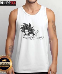Awesome Goku Super Saiyan 4 tank top featuring Toriyama Akira's signature, perfect for Dragon Ball fans.