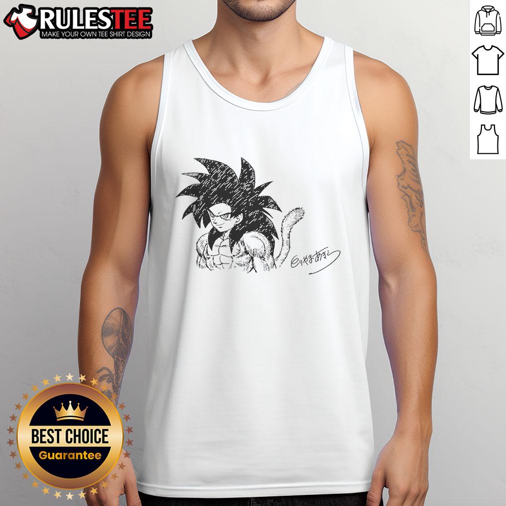 Awesome Goku Super Saiyan 4 Toriyama Akira Signature Tank Top Awesome Goku Super Saiyan 4 tank top featuring Toriyama Akira's signature, perfect for Dragon Ball fans.
