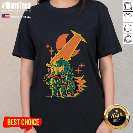 Chibi-style ladies tee featuring the Awesome Guts Slayer from Doom Slayer, perfect for fans of gaming and unique apparel.