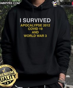 Awesome I Survived Apocalypse 2012 Covid-19 and World War 3 Hoodie in stylish black, perfect for casual wear.
