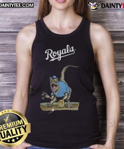 Awesome Kansas City Royals Tiny Turnip Velociraptor tank top featuring a vibrant dinosaur design in team colors.