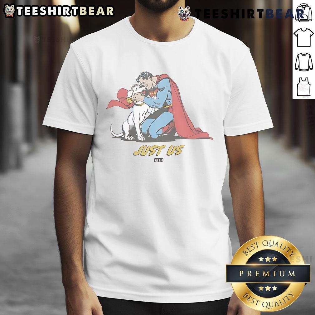 Awesome Kith X Superman Dog Just Us T Shirt Alt Text: Awesome Kith X Superman Dog Just Us T-Shirt featuring a stylish graphic design for dog lovers and streetwear fans.