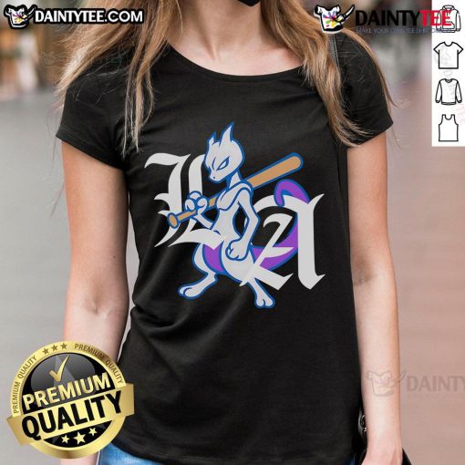 Awesome LA Dodgers X Mewtwo logo ladies tee featuring vibrant graphics and a stylish fit for fans of both brands.