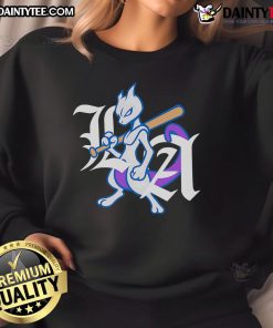 Alt Text: Awesome LA Dodgers X Mewtwo logo sweatshirt featuring vibrant designs for sports and gaming fans.