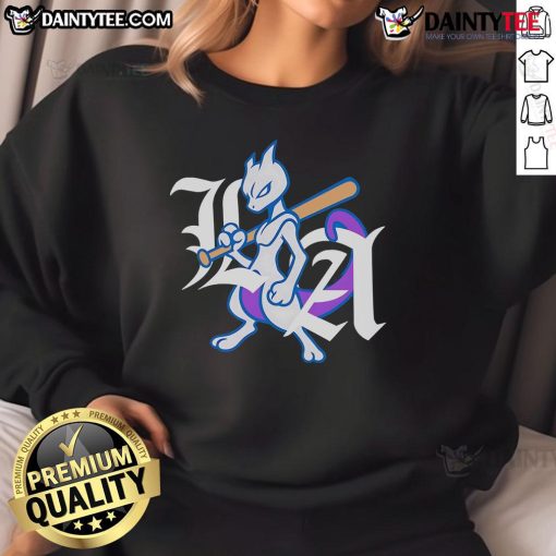 Alt Text: Awesome LA Dodgers X Mewtwo logo sweatshirt featuring vibrant designs for sports and gaming fans.