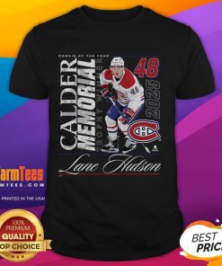 Awesome Lane Hutson Black Montreal Canadiens T-Shirt celebrating the 2025 Calder Memorial Trophy Winner.