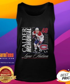 Alt Text: Awesome Lane Hutson black tank top featuring Montreal Canadiens logo, celebrating 2025 Calder Memorial Trophy winner.