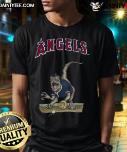 Awesome Los Angeles Angels Tiny Turnip Velociraptor T-Shirt featuring a fun dinosaur graphic for baseball fans.