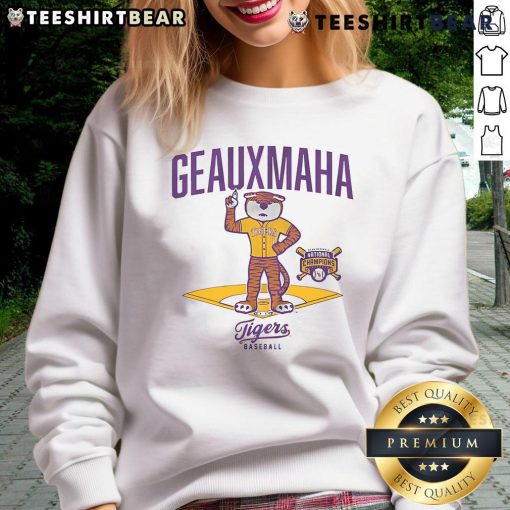 Awesome LSU Baseball 2025 National Champions mascot sweatshirt showcasing team spirit and vibrant colors.
