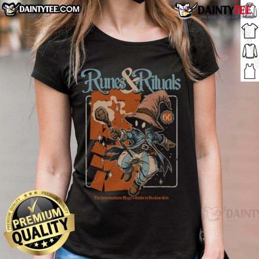 Awesome Mages Guide Runes Rituals Ladies Tee featuring mystical designs and vibrant colors, perfect for fantasy enthusiasts.