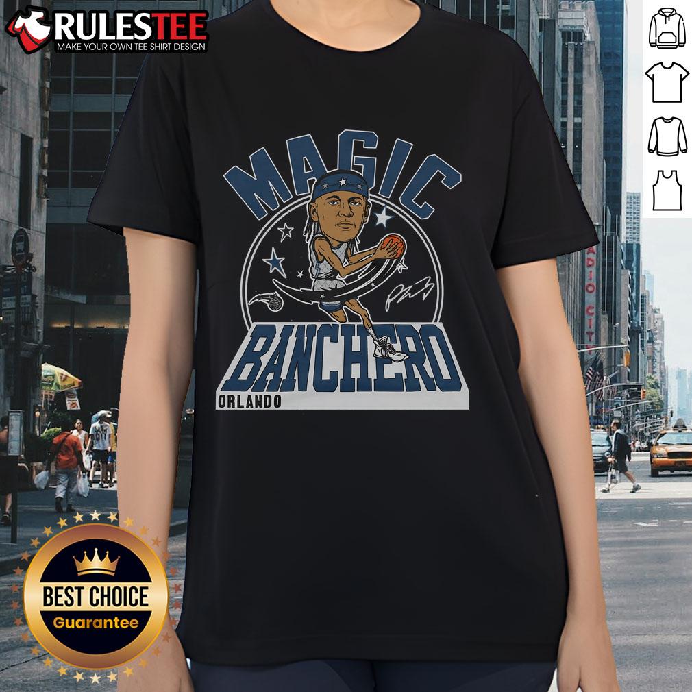 Awesome Magic Paolo Banchero Signature City Edition 2024 Ladies Tee Alt Text: Awesome Magic Paolo Banchero Signature City Edition 2024 Ladies Tee featuring vibrant team colors and stylish design.