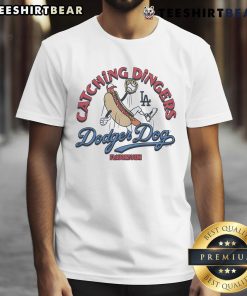 Alt Text: Awesome MLB x Flavortown Los Angeles Dodgers 'Catching Dingers' Dodger Dog T-Shirt design featuring vibrant graphics.