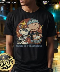 Alt Text: Awesome Music Is The Answer Peanuts Snoopy Woodstock T-Shirt featuring colorful graphics of Snoopy and Woodstock.