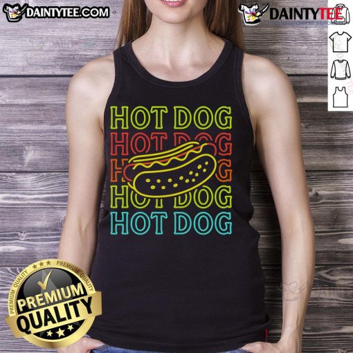 Vibrant neon hot dog tank top design perfect for summer festivals and casual wear, showcasing a fun, playful style.