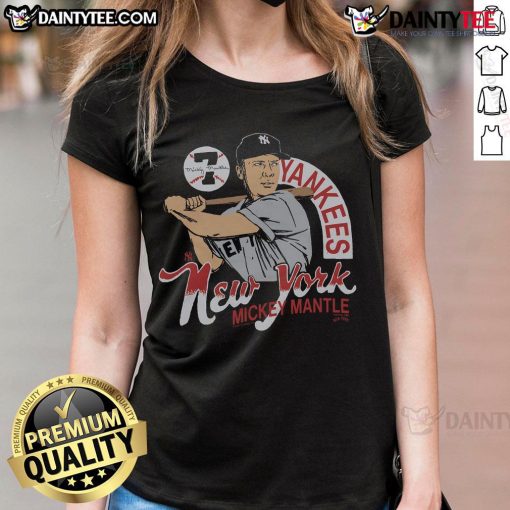 Awesome New York Yankees Mickey Mantle 7 Signature Ladies Tee showcasing vintage baseball style and fan pride.