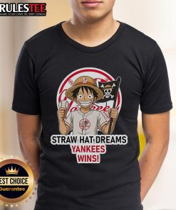 Alt Text: Awesome New York Yankees Monkey D. Luffy Straw Hat Dreams Wins T-Shirt featuring a vibrant design and baseball theme.