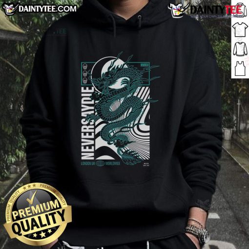 Awesome NSDR Draco hoodie from Never Say Die Records, featuring a vibrant dragon design, perfect for fans in London and worldwide.