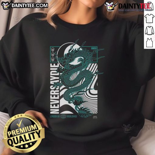 Awesome NSDR Draco Never Say Die Records London UK Worldwide dragon sweatshirt featuring vibrant design and comfortable fit.