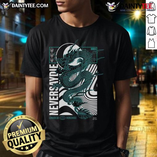 Awesome Nsdr Draco Never Say Die Records London UK Worldwide Dragon T-Shirt featuring a vibrant dragon graphic design.