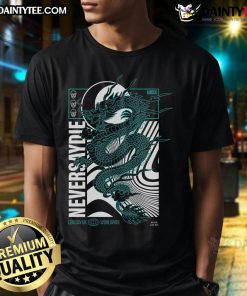 Awesome Nsdr Draco Never Say Die Records London UK Worldwide Dragon T-Shirt featuring a vibrant dragon graphic design.