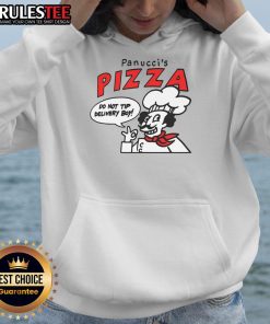 Awesome Panucci's Pizza chef wearing 'Do Not Tip Delivery Boy' hoodie, showcasing unique pizza-themed apparel.