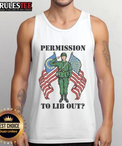 NATO soldier wearing an 'Awesome Permission to Lib Out America' tank top, showcasing military pride and style.