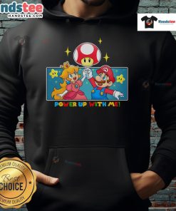 Awesome Power Up With Me Mario Princess Peach Hoodie featuring vibrant graphics of Mario and Peach in a fun design.