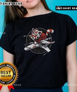 Alt Text: Awesome red panda in Star Wars attire standing by a ladies tee, perfect for fans of cute and sci-fi fashion.