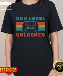 Awesome retro gamer controller design on a ladies tee, featuring 'Dad Level Unlocked' text for gaming enthusiasts.
