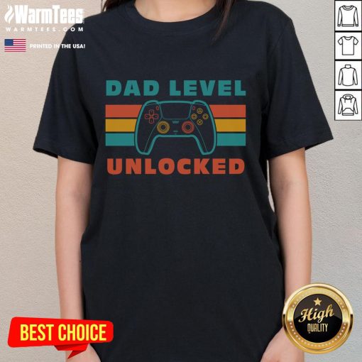 Awesome retro gamer controller design on a ladies tee, featuring 'Dad Level Unlocked' text for gaming enthusiasts.