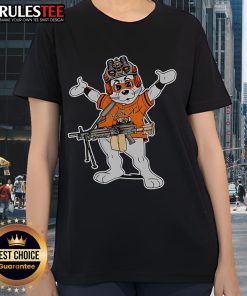 Alt Text: Womens tee featuring Lou Seal, the San Francisco Giants mascot in a soldier's helmet, perfect for fans.