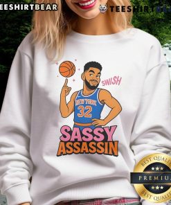 Alt Text: Awesome Sassy Assassin Karl Anthony Towns sweatshirt featuring bold graphics and vibrant colors for basketball fans.