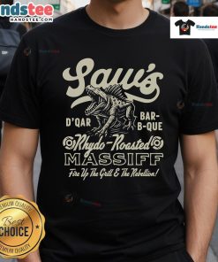 Awesome Saw's BBQ Rhydo Roasted Massiff T-Shirt featuring a bold graphic design and vibrant colors for BBQ lovers.