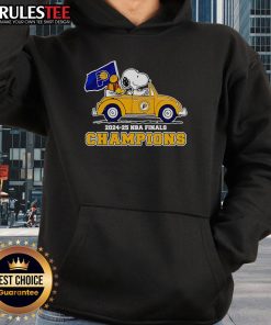 Alt Text: Snoopy and Woodstock driving a car in Indiana Pacers hoodie celebrating 2024-25 NBA Finals Champions.