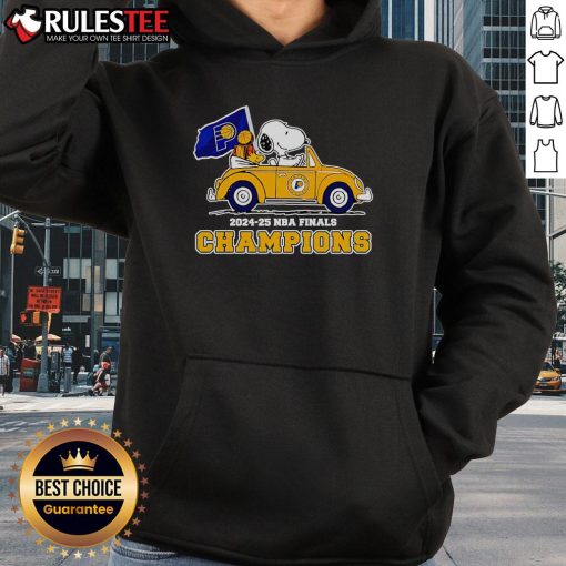 Alt Text: Snoopy and Woodstock driving a car in Indiana Pacers hoodie celebrating 2024-25 NBA Finals Champions.