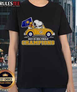 Alt Text: Awesome Snoopy and Woodstock driving a car celebrating Indiana Pacers 2024-25 NBA Finals Champions Ladies Tee