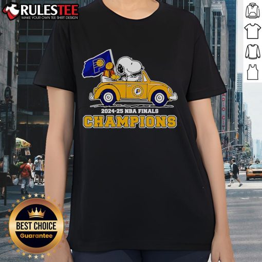 Alt Text: Awesome Snoopy and Woodstock driving a car celebrating Indiana Pacers 2024-25 NBA Finals Champions Ladies Tee