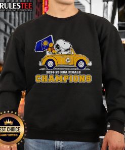 Awesome Snoopy and Woodstock driving a car on Indiana Pacers sweatshirt celebrating 2024-25 NBA Finals Champions.