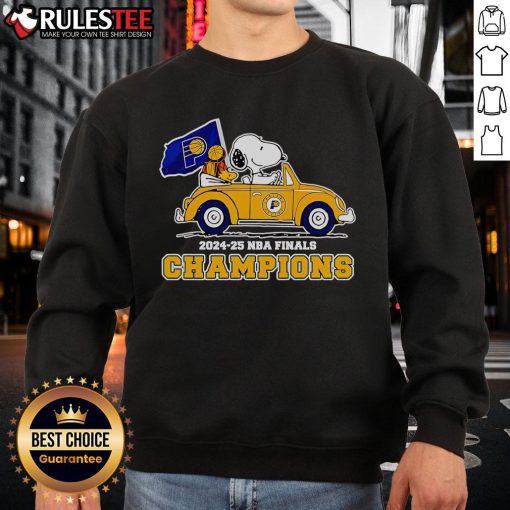 Awesome Snoopy and Woodstock driving a car on Indiana Pacers sweatshirt celebrating 2024-25 NBA Finals Champions.
