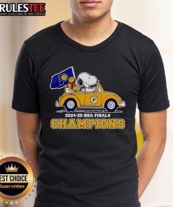 Awesome Snoopy and Woodstock driving car graphic on Indiana Pacers NBA Finals Champions T-shirt for 2024-25 season.