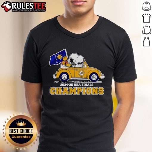 Awesome Snoopy and Woodstock driving car graphic on Indiana Pacers NBA Finals Champions T-shirt for 2024-25 season.